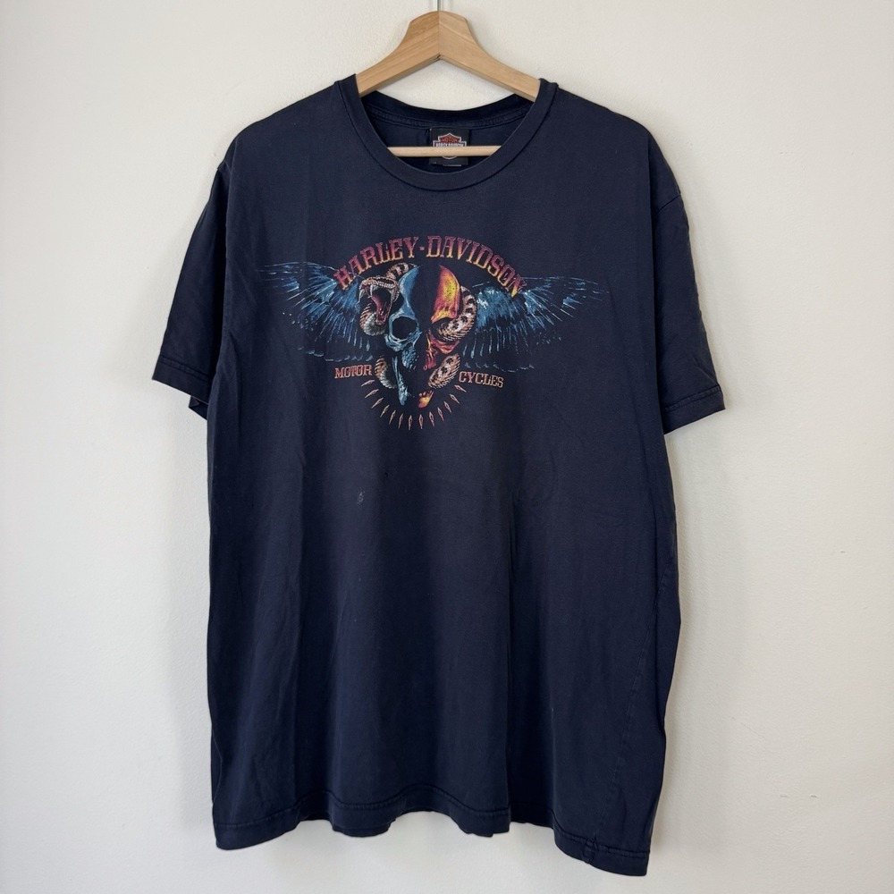 Vintage Y2k Harley Davidson Motorcycles Skull Flames Black Tee Shirt - XL
